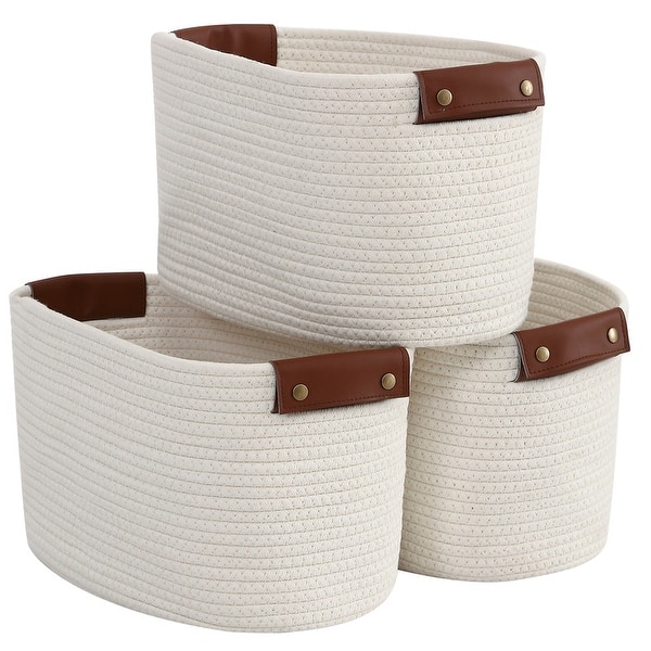 slide 2 of 50, 3 Pack Woven Cotton Rope Shelf Storage Basket with Leather Handles, Baby Nursery Storage Bin Organizers, Closet Shelf Storage Cream