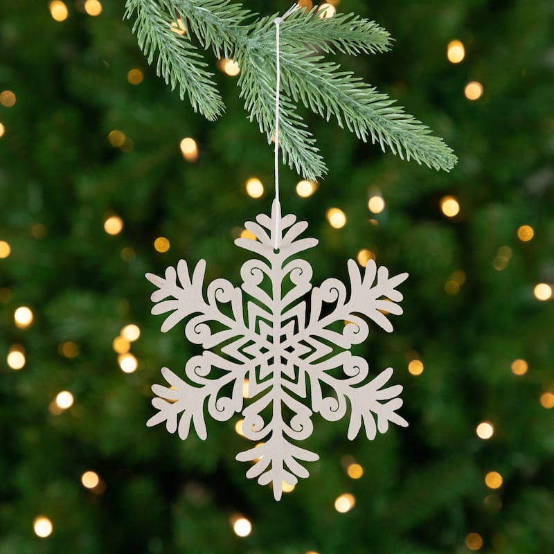 Snowflake Shaped Wooden Cut-Out Christmas Ornaments - 4.75" - White - Set of 4