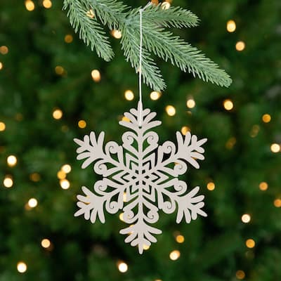 Snowflake Shaped Wooden Cut-Out Christmas Ornaments - 4.75" - White - Set of 4