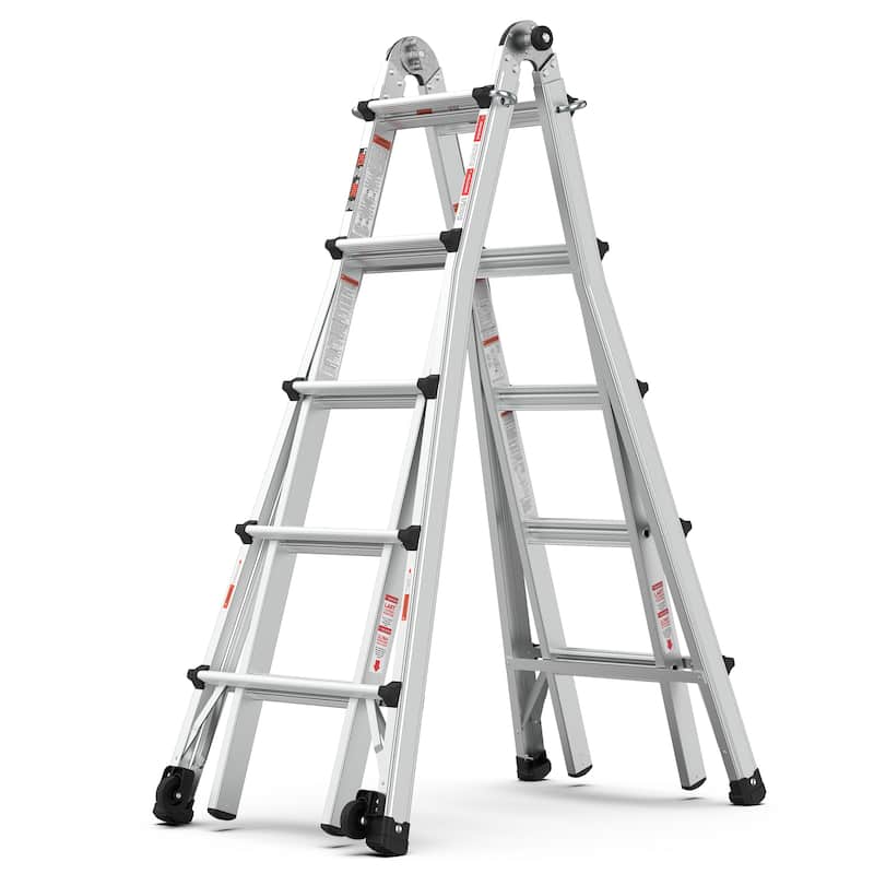 Aluminum Multi-Position Ladder with Wheels, 300 lbs Weight Rating, 22 FT - Grey