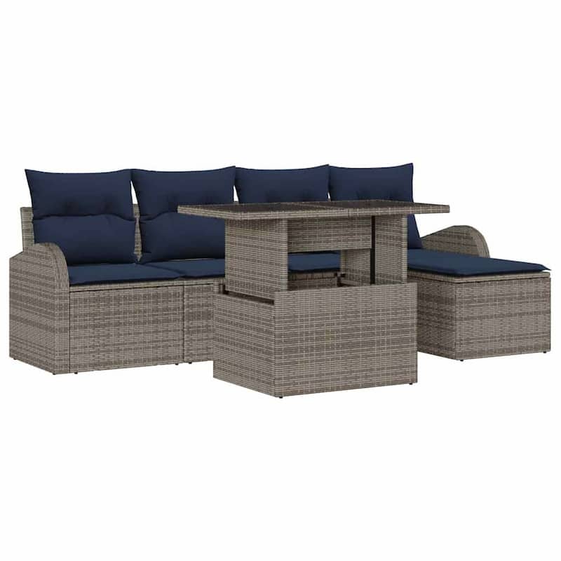 vidaXL 6 Garden Sofa Set with Cushions Black/Brown/Grey Poly Rattan - 90.9 x 24.4 x 27.2