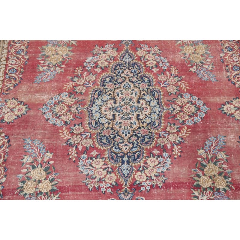 Antique Vegetable Dye Floral Kerman Persian Wool Area Rug Hand-knotted - 11'0" x 14'5"