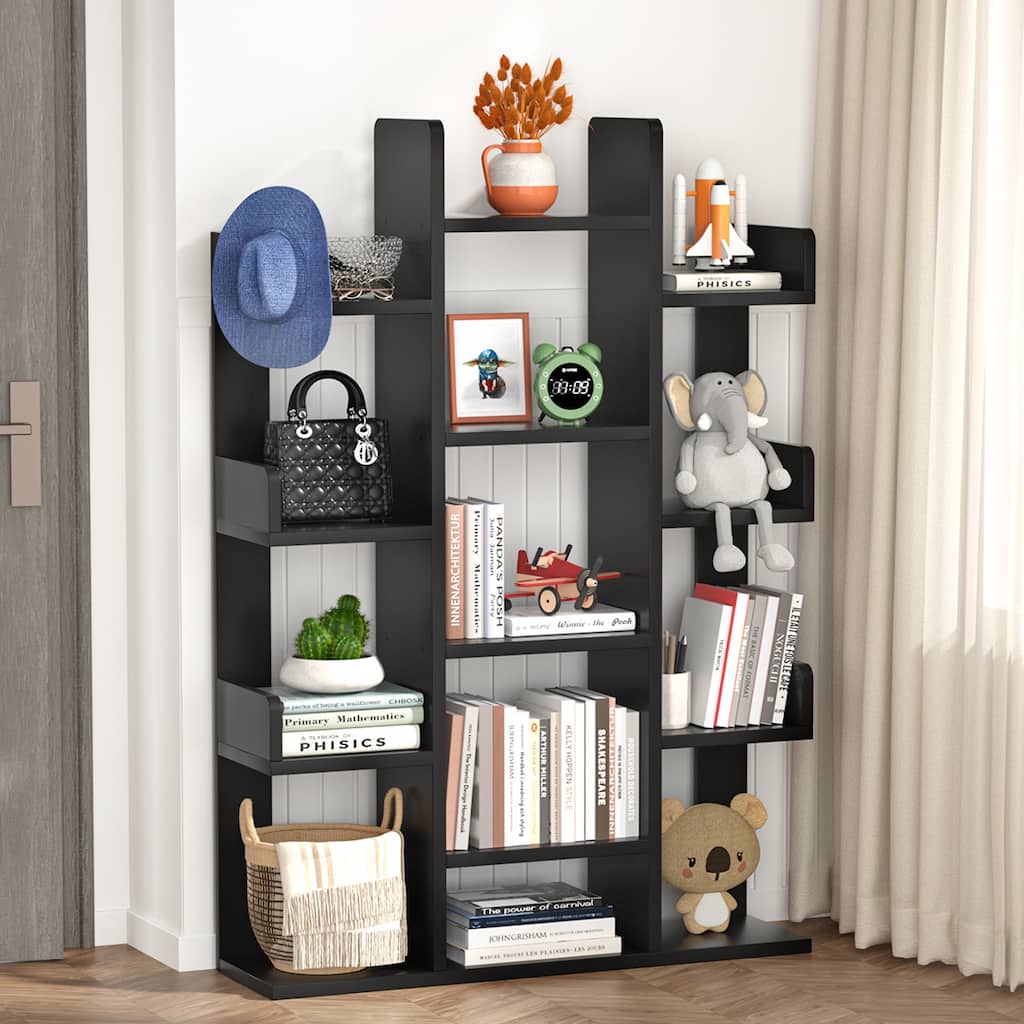 Industrial Wood Bookshelves with 13 compartments,Tree-Shaped Bookcase,Books Organizer Display Shelves