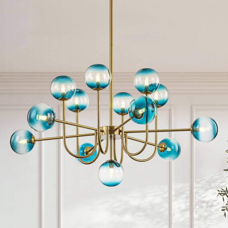 13-Light Mid-Century Modern Gold/Black Linear Sputnik Gradient Blue Glass Globe Bubble Chandelier for Living Room - Brushed Gold
