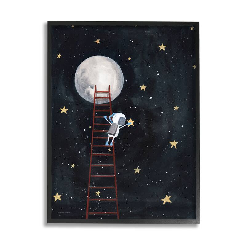 Stupell Astronaut Hanging Stars Outer Space Ladder to Moon Framed Giclee Texturized Art by Rachel Nieman