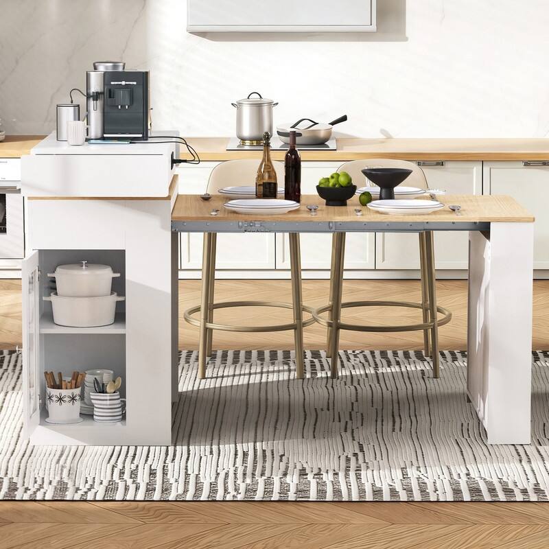 57.7" Kitchen Island with Extendable Top on Wheels, Kitchen Dining Table, Bar Table with Drawers and Power Outlet