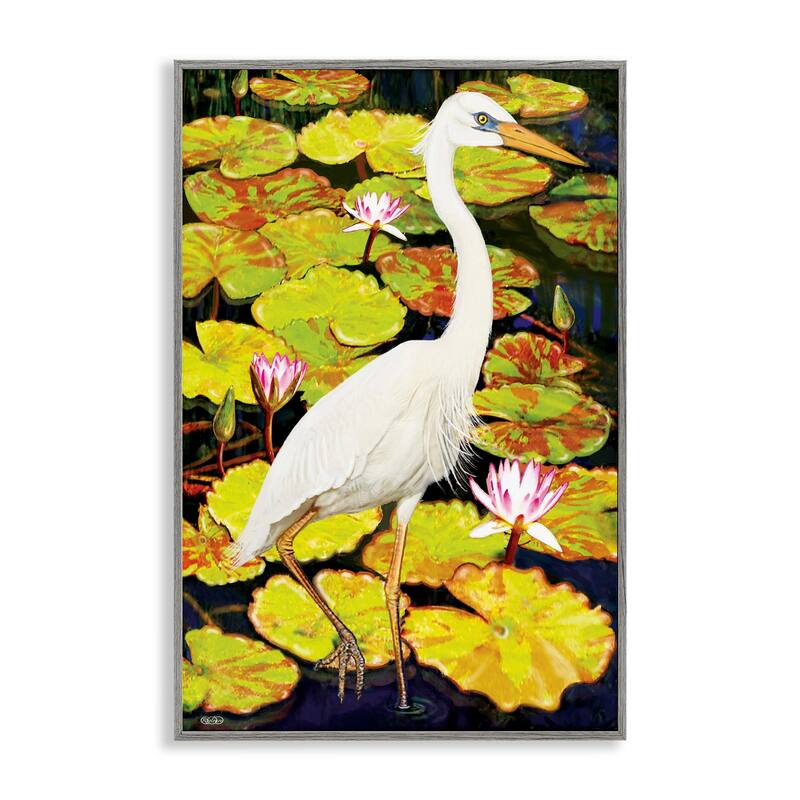 Stupell Stepping Bird on Lily Pads Framed Giclee Art Design By Rosiland Solomon - 20 x 30 - Grey