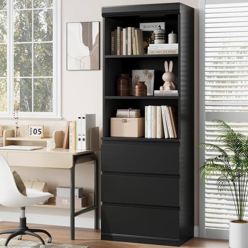 70 Inch Freestanding Modern Tall Bookcase with 3 Drawers - N/A