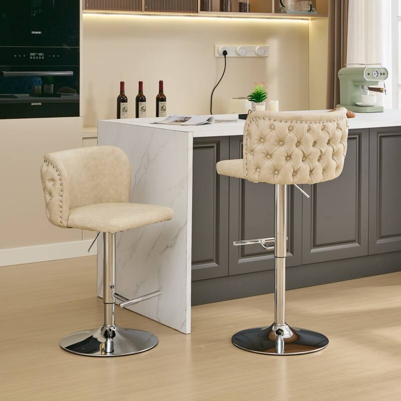 Swivel Barstools Adjusatble Seat Height With Chrome Base, Modern PU Upholstered Bar Stools with the whole Back Tufted