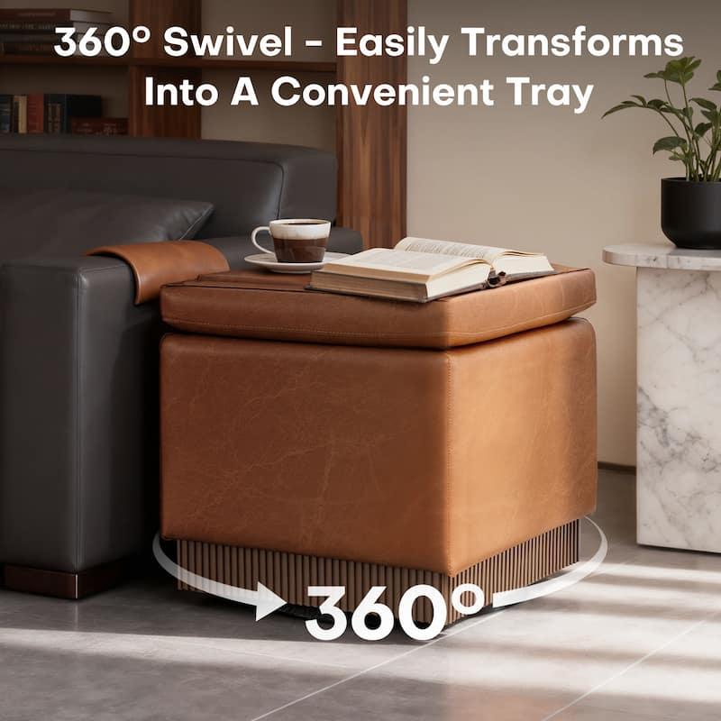 Swivel Storage Ottoman Bench Footstool with Flip-top and Acacia Frame