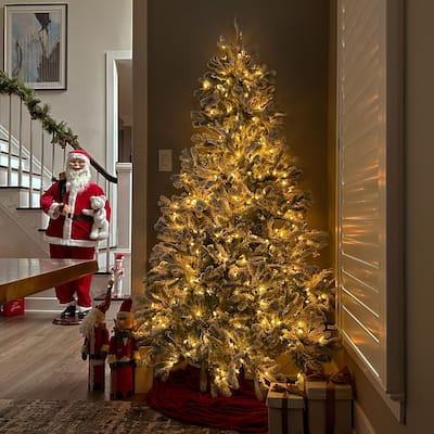 Fraser Hill Farm 6.5-ft. Green Christmas Half Tree with Flock and Warm White LED Lighting - Snow