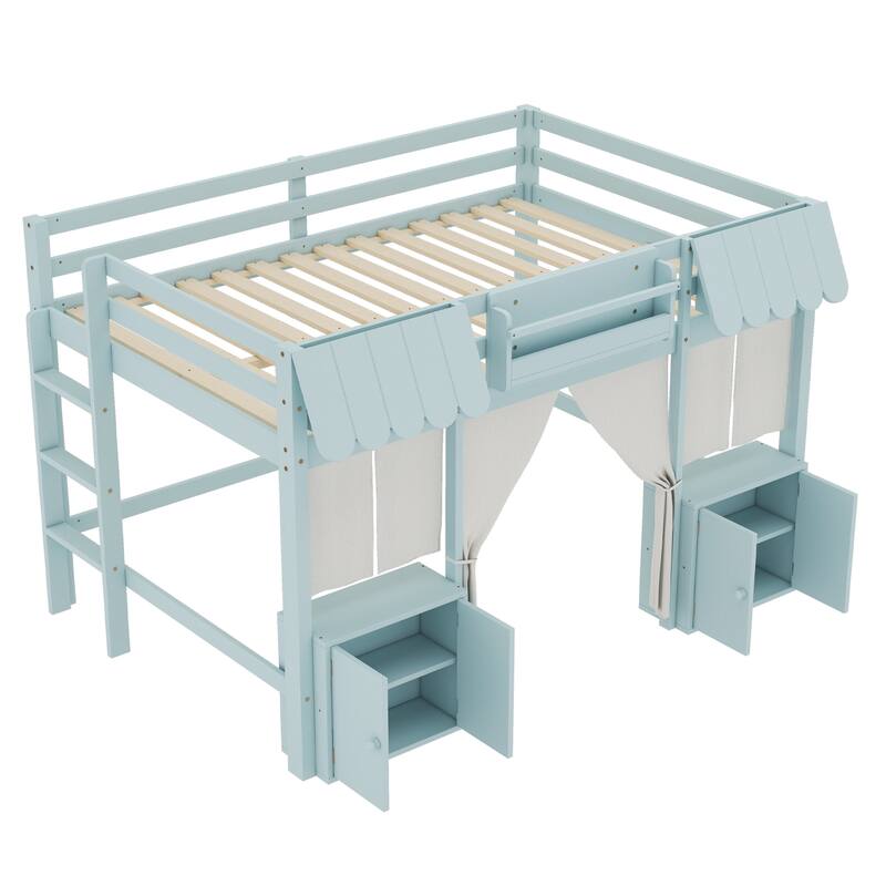 Fairy Tale Cottage Loft Bed with Tent, Bookshelf and Storage Cabinets