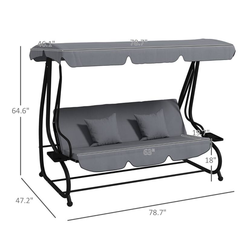 Convertible Patio Swing Bench with Steel Frame and Soft Cushions Pillows Canopy and Cup Holders - 78.75" L x 47.25" W x 64.5" H