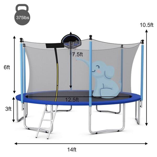 14 ft Trampoline Combo with Net Ladder Basketball Hoop for Kids