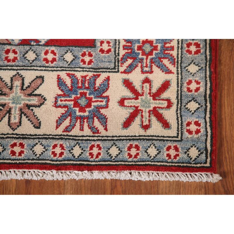 Red Geometric Kazak Area Rug Handmade Bedroom Wool Carpet - 5'0" x 6'9"
