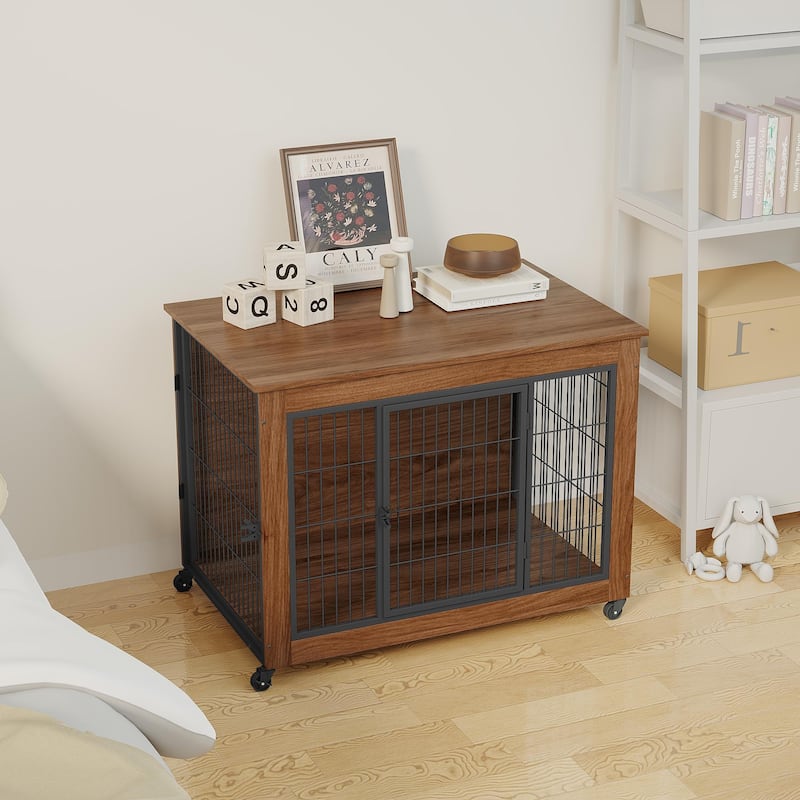 38.6" Dog Crate Furniture with Wheels for Small Dogs, Heavy Duty Dog Kennel Indoor with 2 Doors, Wooden Pet Cage End Table