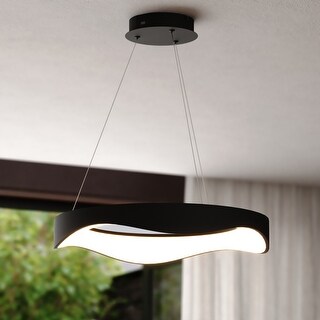 Bowen 1-Light Black Contemporary Round Chandelier, White Frosted Shade, LED Pendant Fixture Dining Table Entryway Island