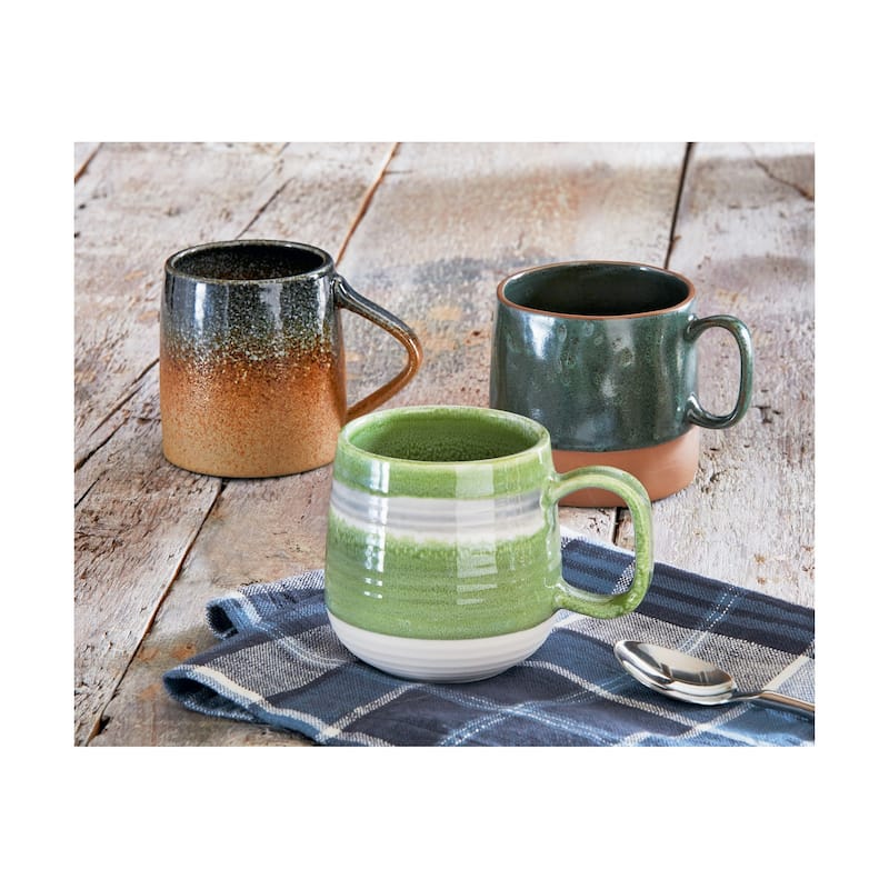Glen Ribbed Reactive Glaze Mug - 18oz Porcelain Drinkware, Dishwasher Safe, Green Multi, Perfect for Christmas