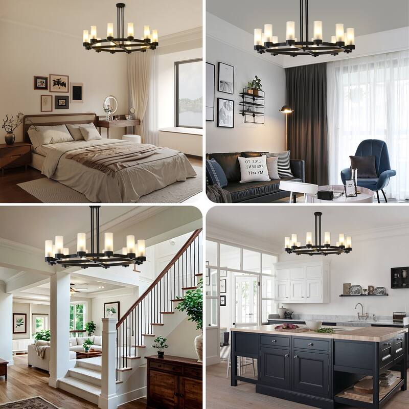 12 - Light Modern Round Chandelier with Frosted Glass Cylinder Shades
