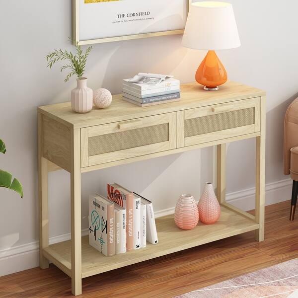 39.4" Rattan Console Table with 2 Drawers Entryway Table