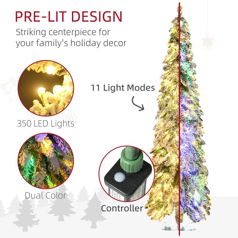 HOMCOM 6ft Tall Prelit Pencil Artificial Christmas Tree Holiday Décor with 407 Snow Flocked Branches Downswept Shape - 5.89 ft