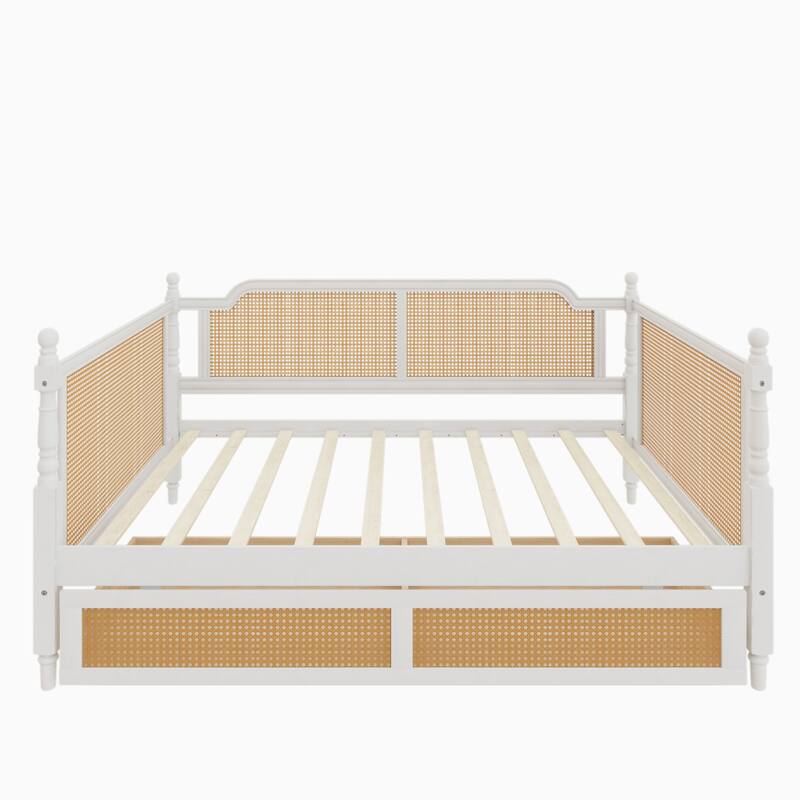 Twin/Full Rattan Bed Frame with 2 Storage Drawers & Curved Headboard, Wood Bedframe Daybed for Limited Space, Bedroom Guest Room