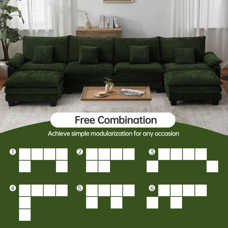 144" Modular Compression Sofa Set Convertible Sectional Sleeper Couch with 2 Ottomans