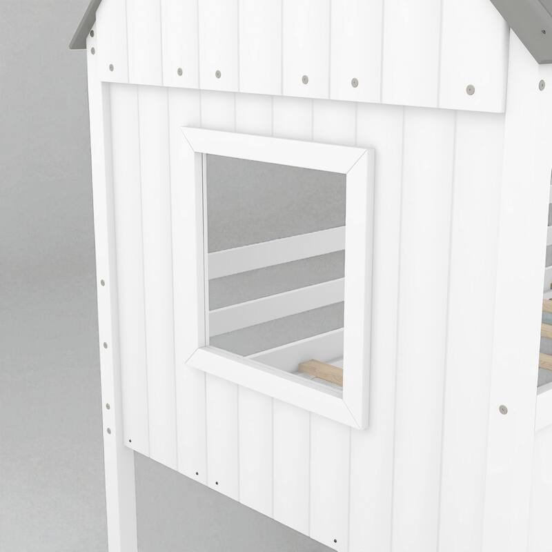 Twin Size House Bed with Roof and Side Windows, Low Loft Wooden Frame for Kids, No Box Spring Needed