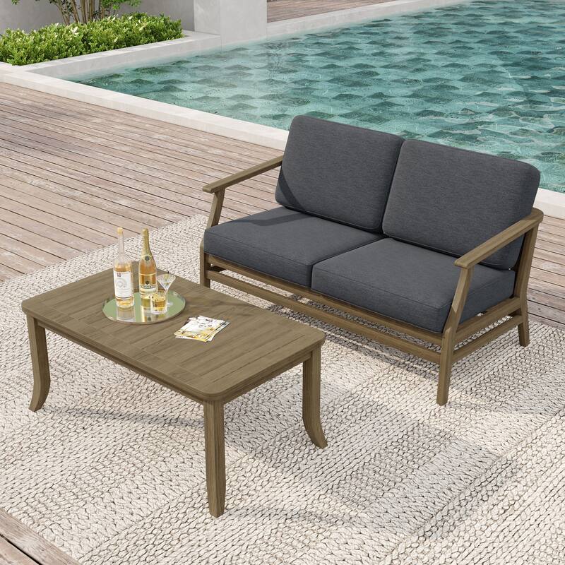 Teak Wood Patio Outdoor Loveseat Sofa and Coffee Table Set - Natural Wood - Dark Grey