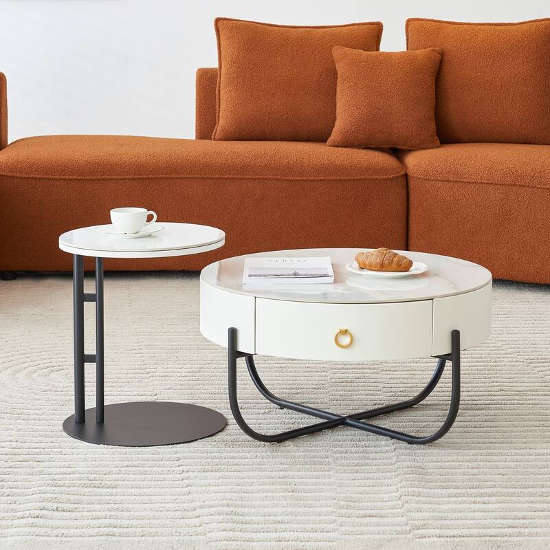 Modern Marble Nesting Table, Round Coffee Table Set of 2 End Table f Stacking Side Tables - Black