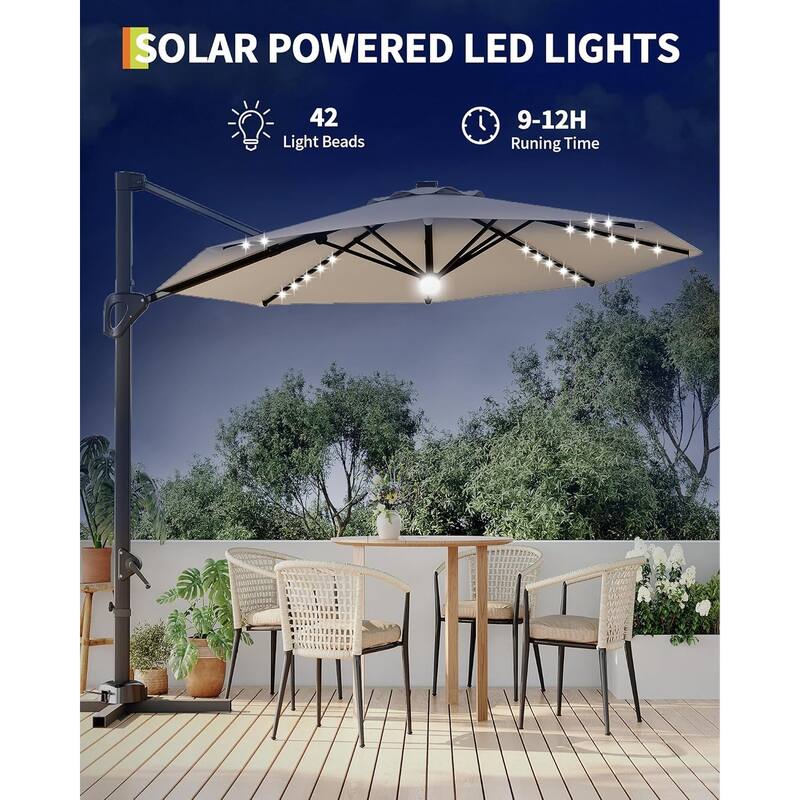 10FT Outdoor Cantilever Umbrella Patio Umbrella Solar LED with Base Included, 360-Degree Rotation
