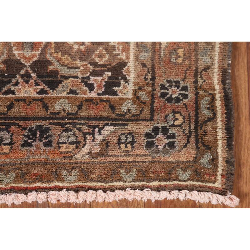 Brown Hamedan Persian Vintage Runner Rug Handmade Wool Carpet - 3'4"x 10'5"