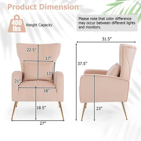 dimension image slide 2 of 4, Costway Velvet Upholstered Wingback Chair with Lumbar Pillow & Golden - See Details