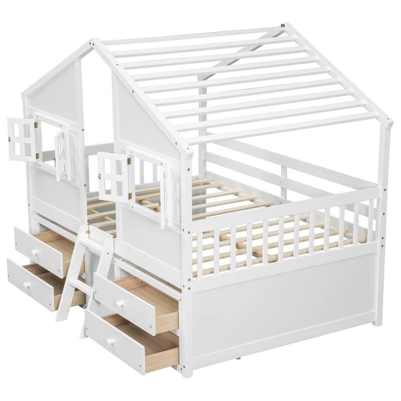 Full Size House Loft Bed with 4 Drawers with Safety Guardrails and Ladder