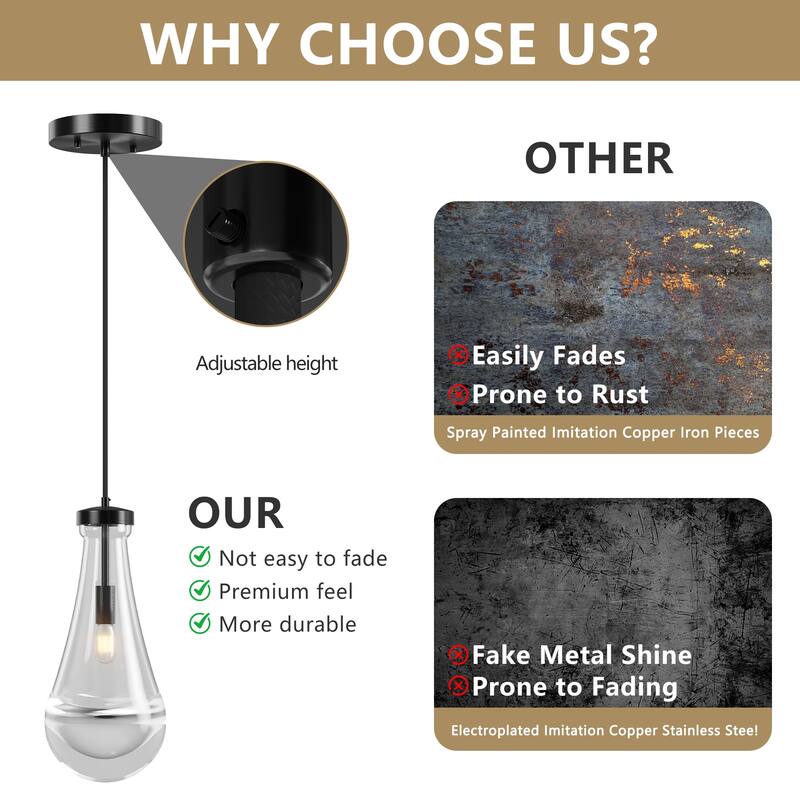 Modern Art Deco Style Pendant Light, Raindrop Pendant Lights with Full Brass Base, for Kitchen Island Living Room and Hallway