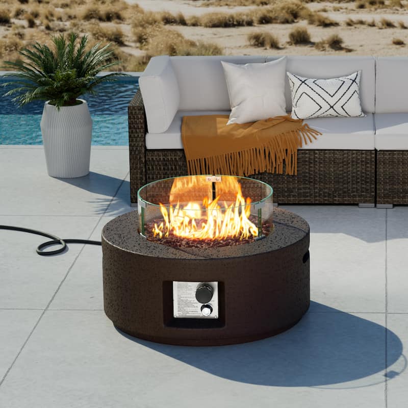 COSIEST Outdoor White Round Fire Pit with Wind Guard - Brown