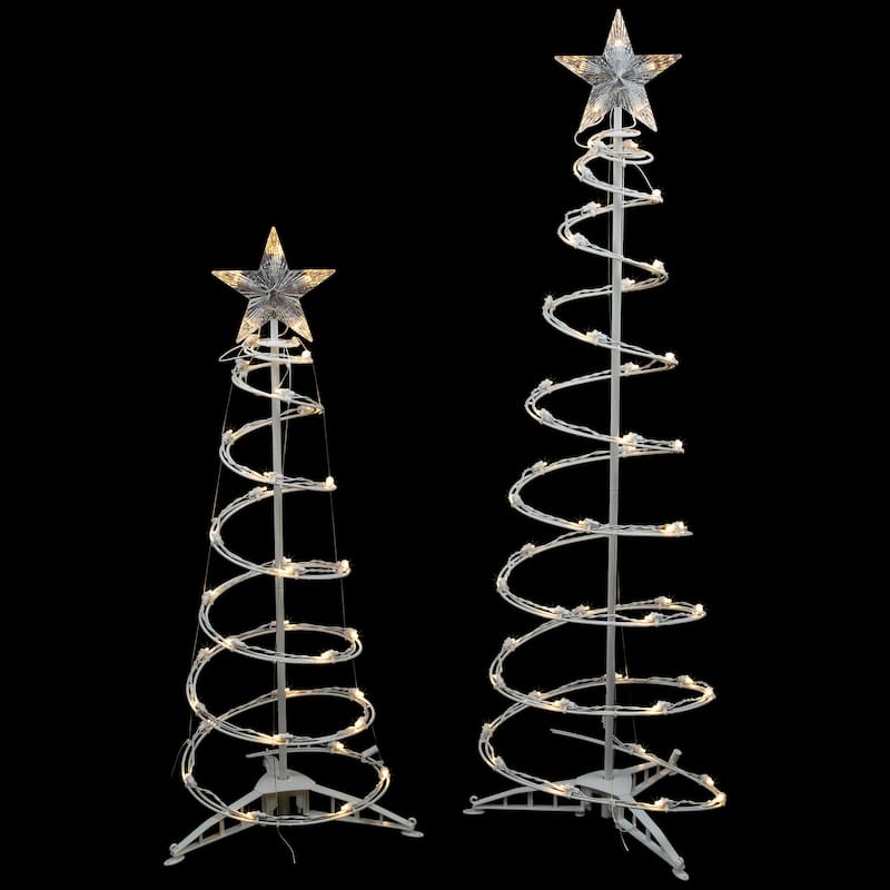 Set of 2 LED Lighted Warm White Outdoor Spiral Christmas Cone Trees 3' 4'