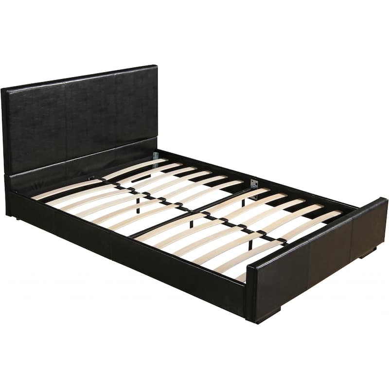 Black Faux Leather King Bed Frame with Panel Headboard and Wood Slat Support