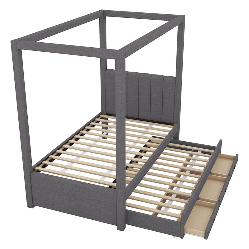 Twin Size Canopy Bed with Trundle and 3 Storage Drawers