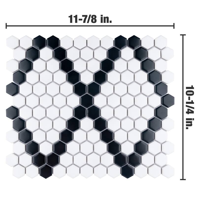 Merola Tile Metro 1" Hex Matte White w/Black Diamond 10-1/4" x 11-7/8" Porcelain Floor and Wall Tile