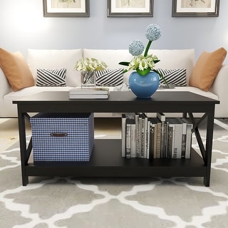 Coffee Table End Table with X-shape Legs and Open Storage Shelf, Black