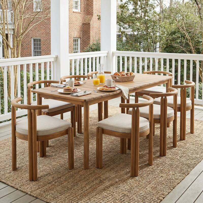 Christopher Knight Home - Modern Outdoor Dining Set with Cushioned Armless Chairs in Teak Finish (9-Piece Set) - Teak+ Beige