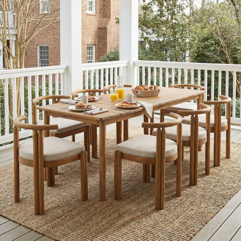 Christopher Knight Home - Modern Outdoor Dining Set with Cushioned Armless Chairs in Teak Finish (9-Piece Set)