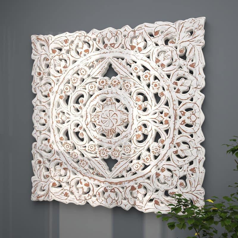 Wooden Floral Handmade Intricately Carved Home Wall Decor with Mandala Design - White - Roche River Decor