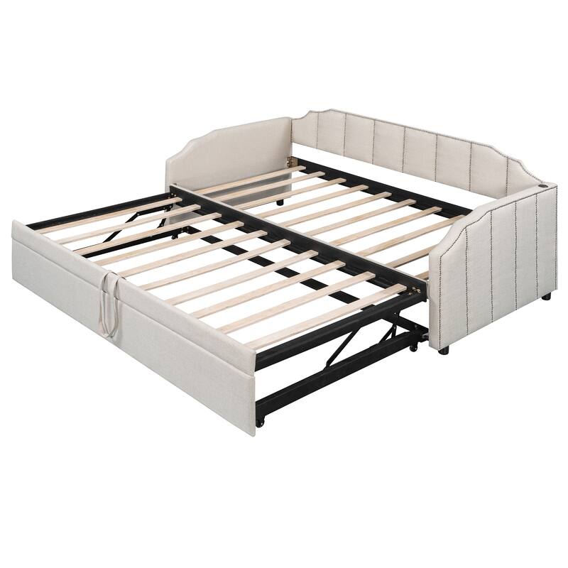 Twin Size Upholstered Daybed with Pop-Up Trundle & USB Charging Ports