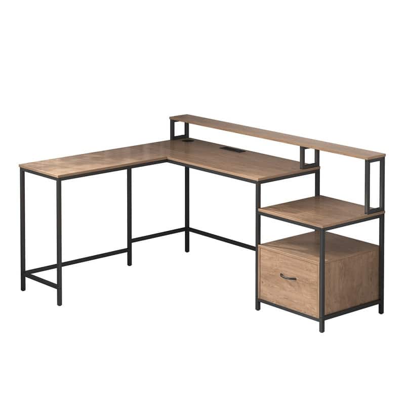 Mixoy L Shaped Computer Gaming Desk with File Cabinet&Power Outlet,Home Office Desk with Storage Shelf,Drawer,Monitor Stand - L-Shaped - Brown