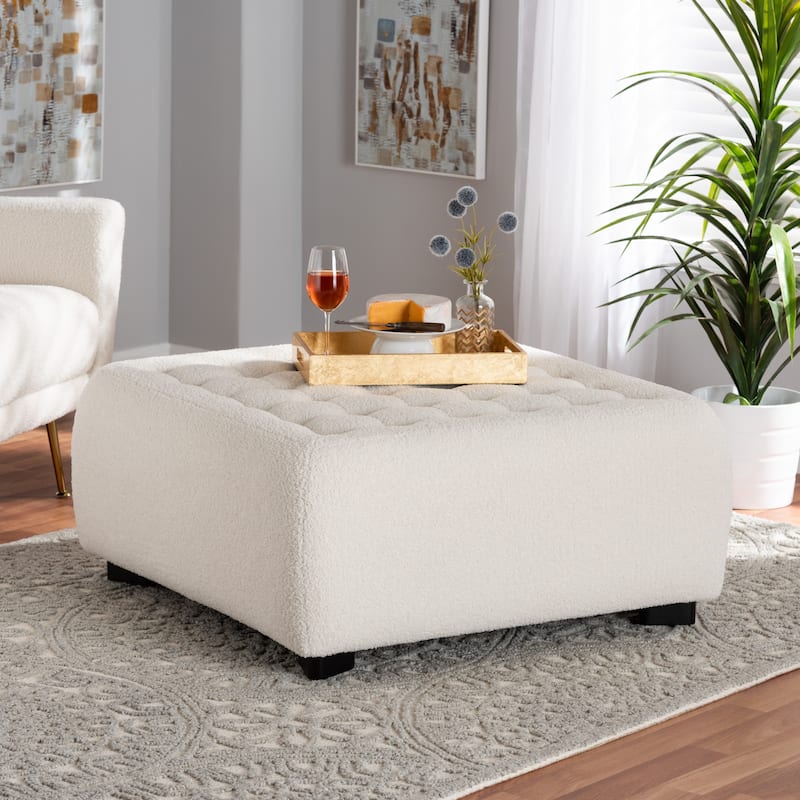 Athena Modern and Contemporary Ivory Boucle Upholstered and Black Finished Wood Square Ottoman