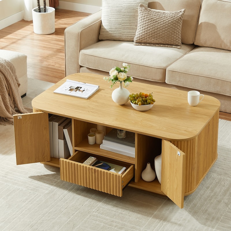 Modern Luxury Oval Coffee Table with Drawers and Storage Compartments - Natural
