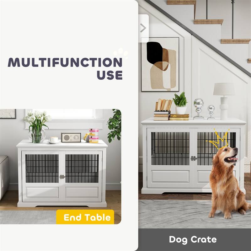 White MDF and Steel Extra Large Dog Crate with Three Doors Full-View Design Side Table Function and Removable Tray