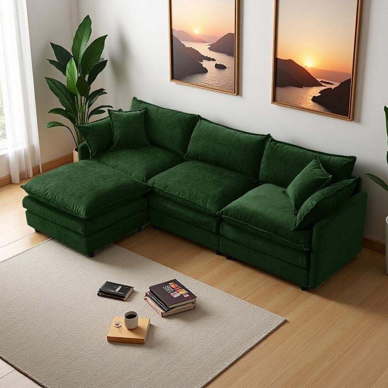 105" Chenille L-Shaped Modular Sectional Sofa with Ottoman and Pocket Spring Cushion (3-Seater)